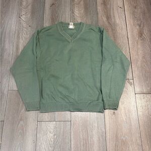 Vintage 90s LL Bean Matcha Green Cotton Knit Sweater V Neck Size Large